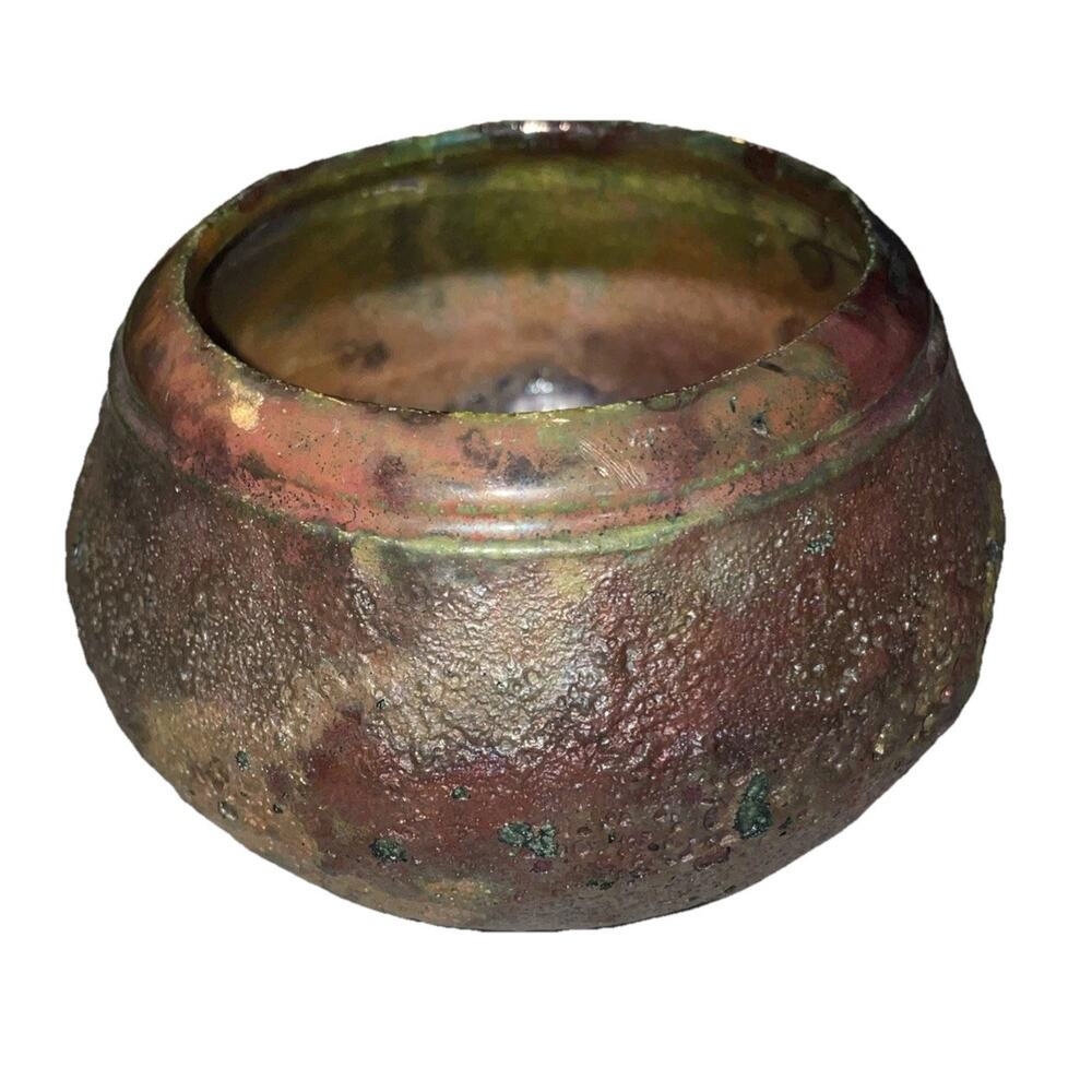 Vintage Raku Glazed Pottery Bowl Hand Made Metallic Like Colors Signed Dona 3.25